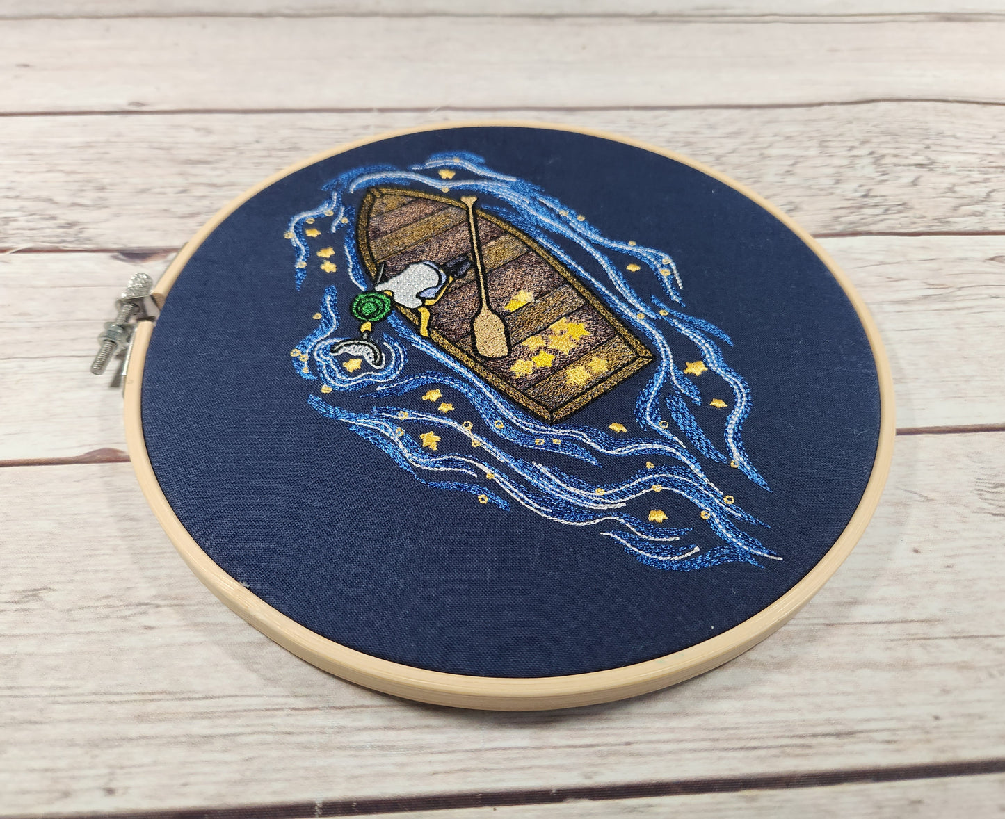 Finished Embroidery, Embroidered Wall Art, Wall Decoration, 8 inch hoop, Fishing Wall Art, Boat Wall Decor