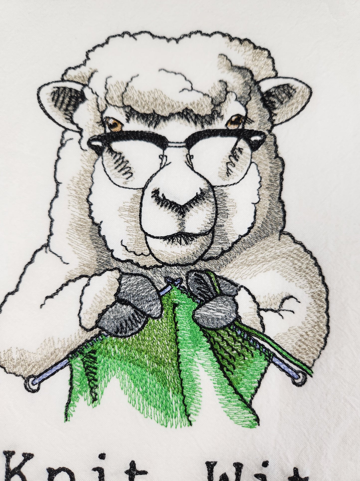 Knit Wit Flour Sack Towel, Funny Tea Towel, Embroidered Towel, Gift for Knitter, Housewarming Gift, Funny Sheep Kitchen Towel