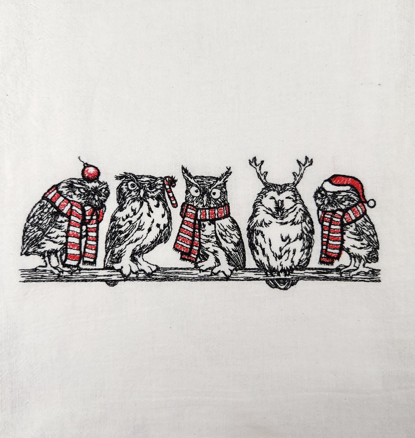 Christmas Owl Towel, Embroidered Dish Towel, Christmas Tea Towel, Flour Sack Tea Towel, Owl Tea Towel, Owl Decor