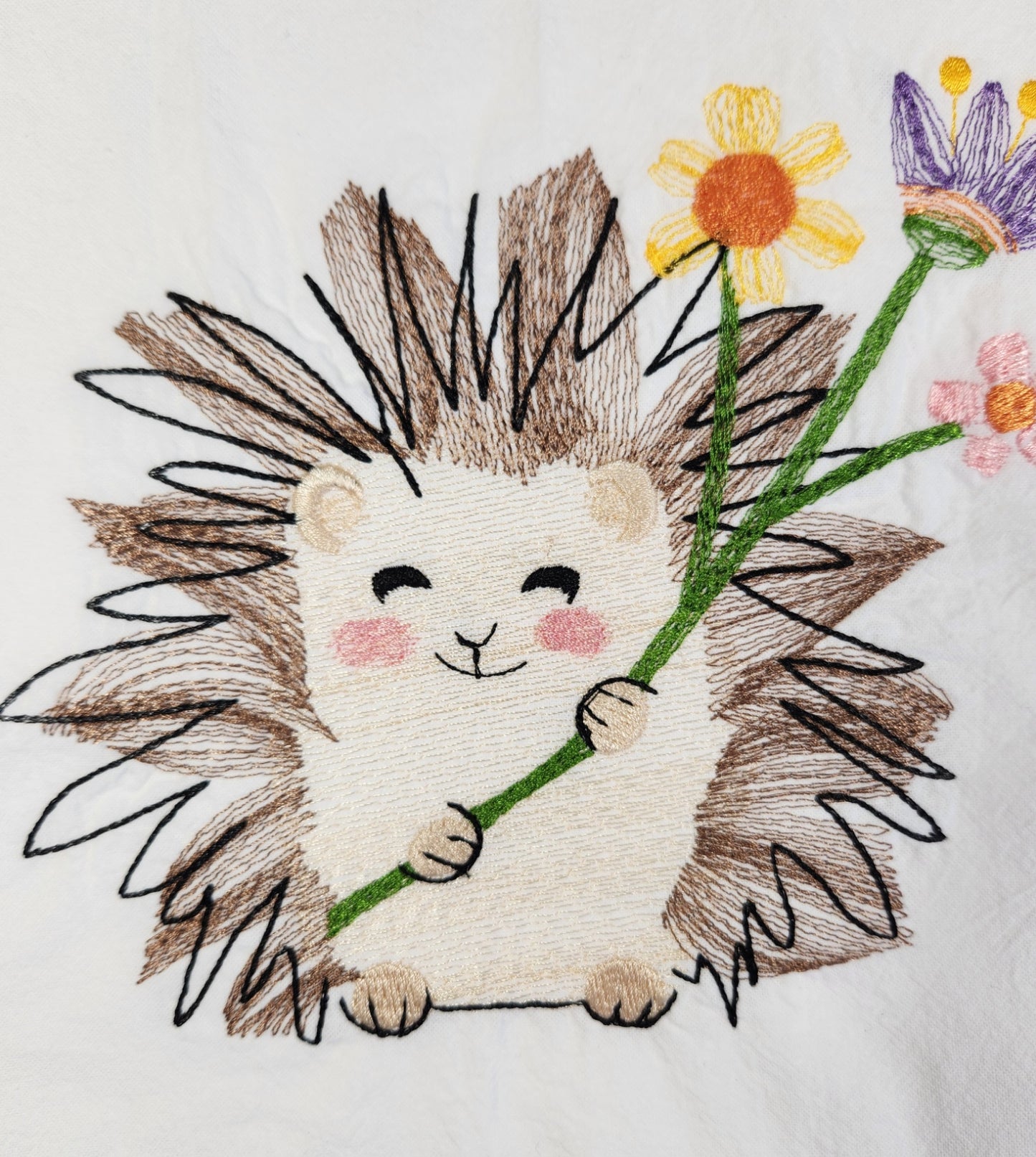 Hedgehog Tea Towel, Embroidered Spring Dish Towel, Flour Sack Towel, Spring Decor