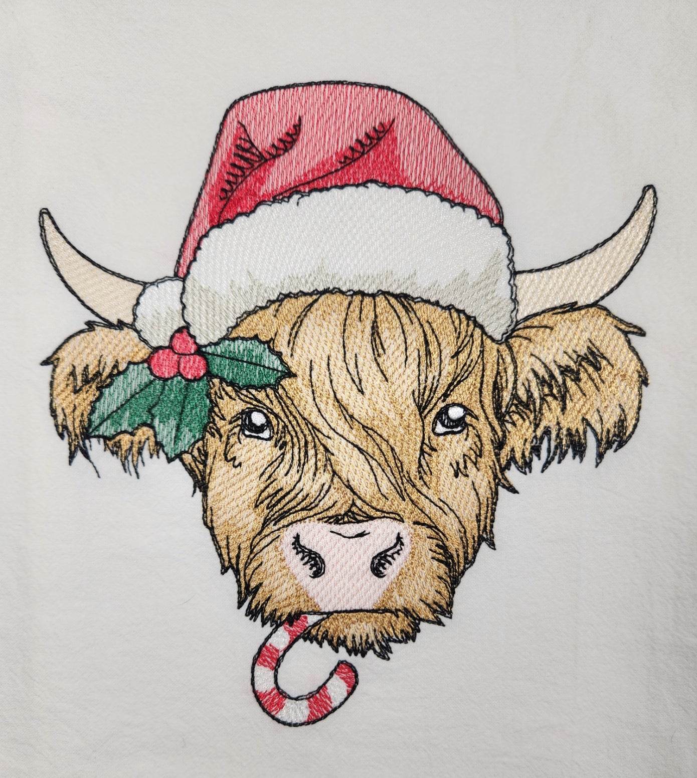 Christmas Cow Tea Towel, Highland Cow Decor, Embroidered Dish Towel, Flour Sack Tea Towel, Kitchen Tea Towel