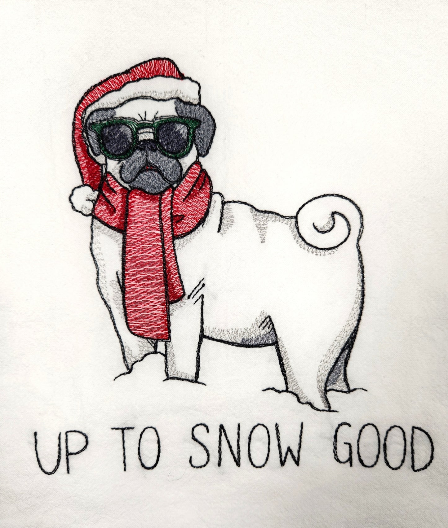 Funny Pug Christmas Dish Towel, Dog Tea Towel, Flour Sack Towel, Kitchen Tea Towel, Embroidered Towel