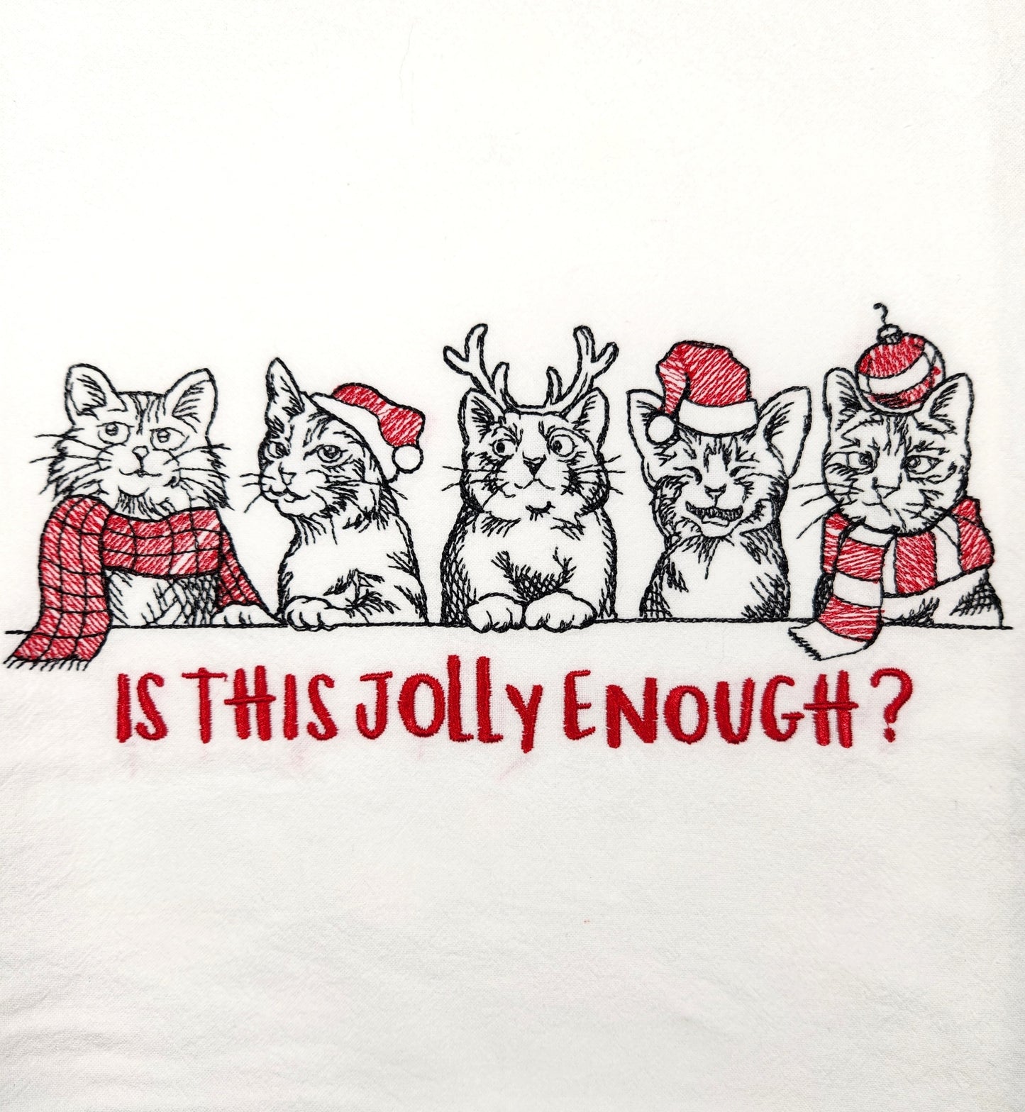 Funny Christmas Cat Towel, Embroidered Dish Towel, Christmas Tea Towel, Flour Sack Tea Towel, Cat Tea Towel, Cat Decor