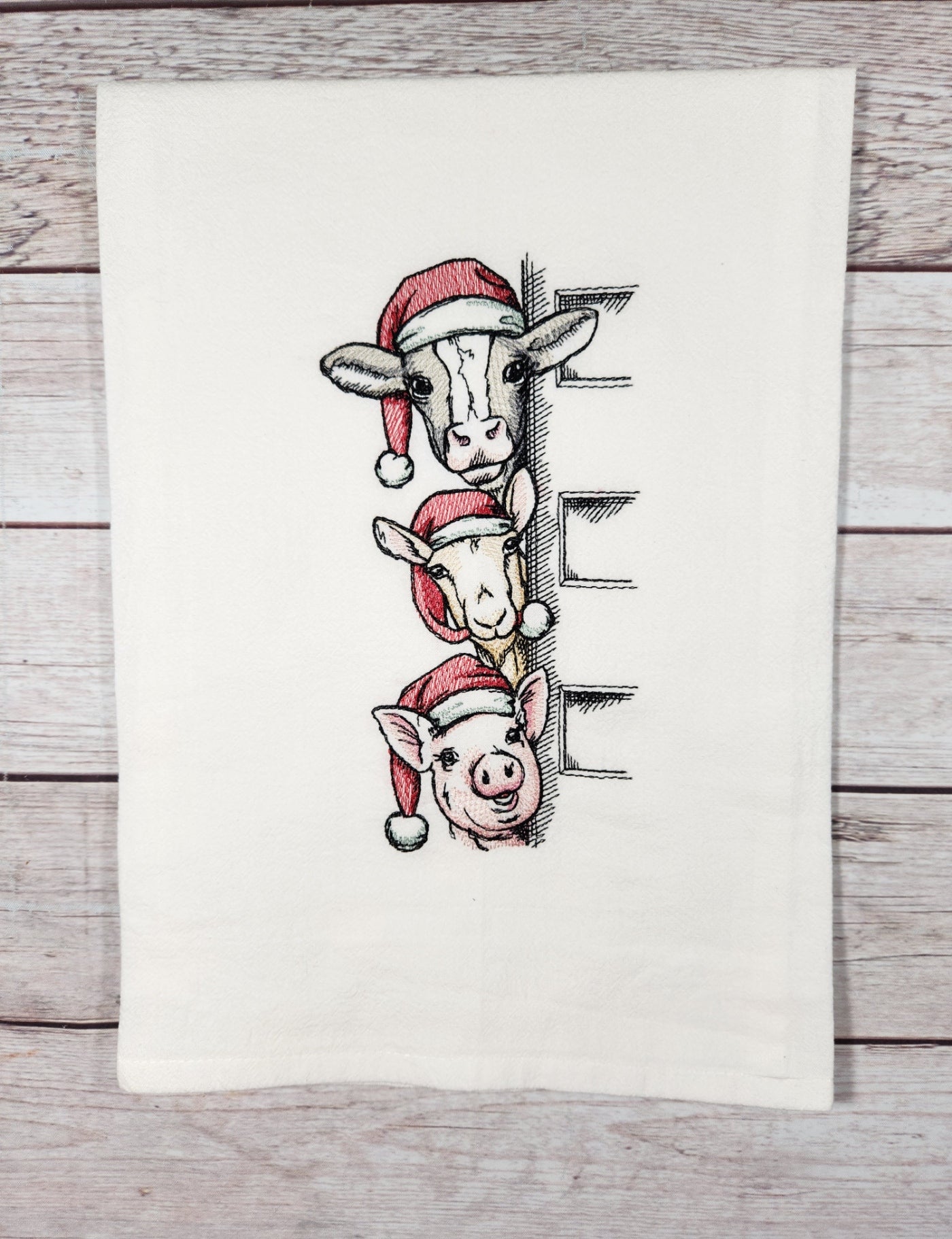 Farm Animal Christmas Dish Towel, Embroidered Dish Towel, Flour Sack Tea Towel, Kitchen Tea Towel, Farm Kitchen