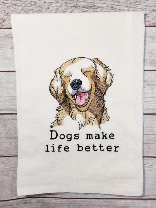 Dog Tea Towel, Flour Sack Towel, Cute Dog Towel, Golden Retriever Decor, Embroidered Dish Towel