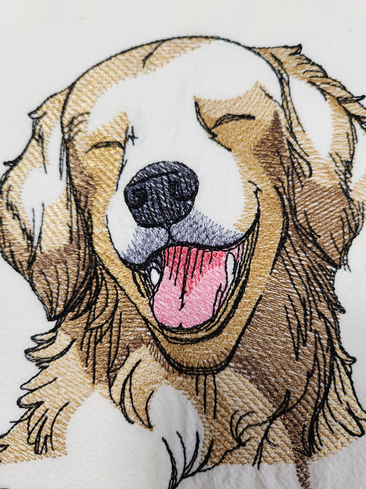 Dog Tea Towel, Flour Sack Towel, Cute Dog Towel, Golden Retriever Decor, Embroidered Dish Towel