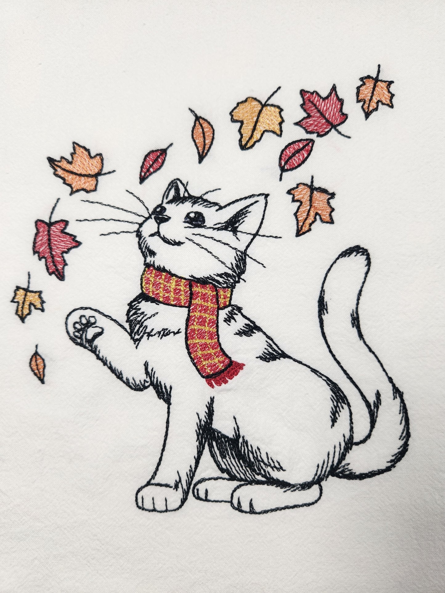 Fall Cat Tea Towel, Embroidered Kitchen Towel, Flour Sack Towel, Autumn Dish Towel, Cozy Fall Tea Towel