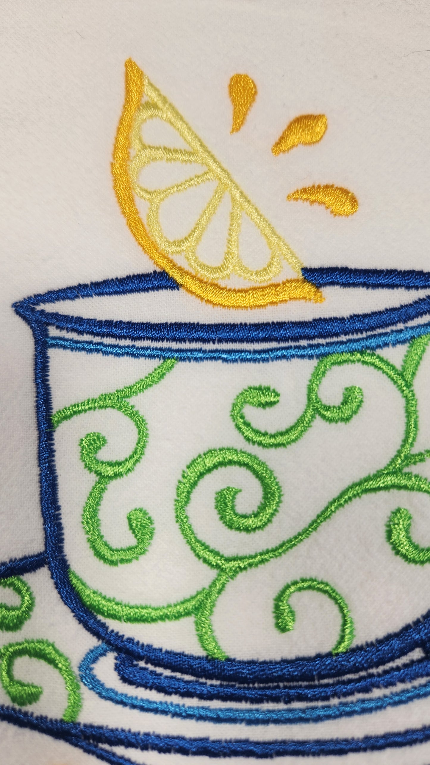 Lemon Tea Cup Embroidered Flour Sack Tea Towel