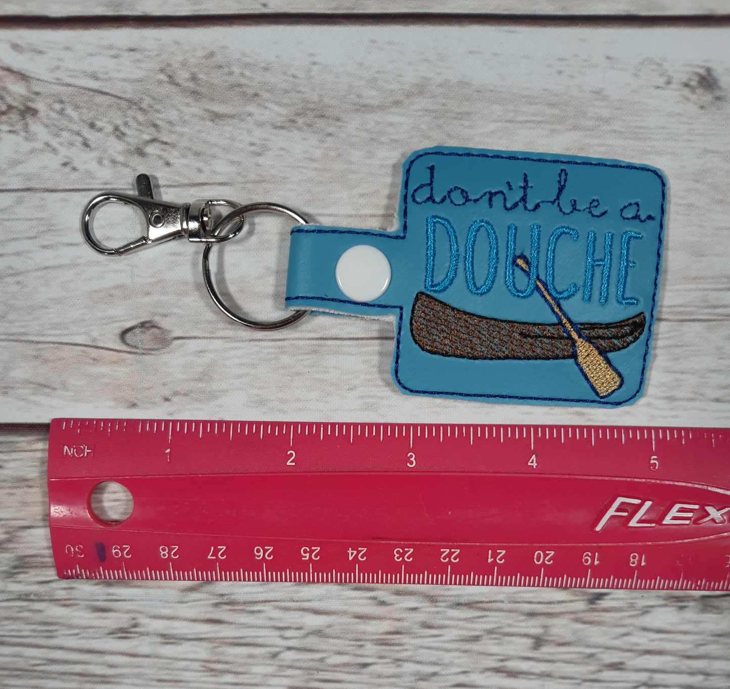 Douche Canoe Keychain, Vinyl Snap tab, Embroidered Bag Clip, Stocking Stuffer, Backpack Clip