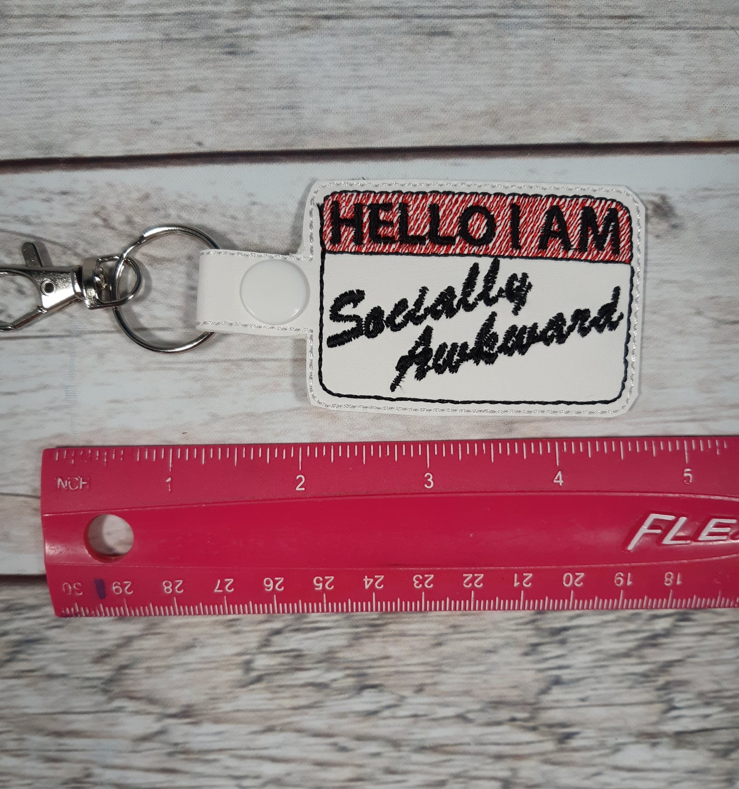 Socially Awkward Keychain, Vinyl Snap tab, Funny Embroidered Bag Clip, Stocking Stuffer, Backpack Clip