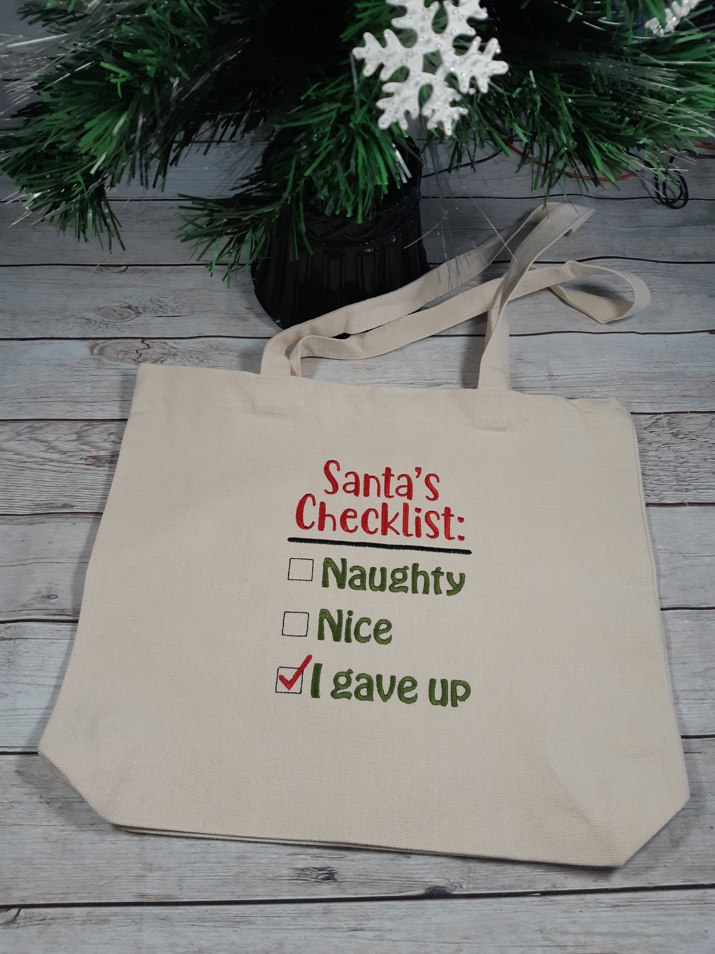 Funny Christmas Tote Bag, Embroidered Canvas Bag, Santa's Checklist