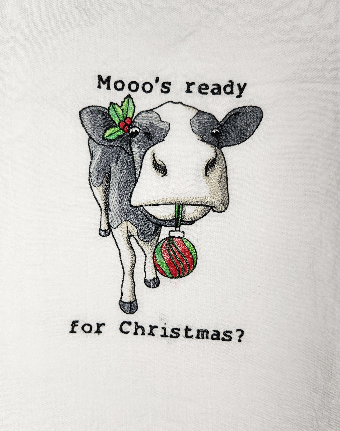 Funny Christmas Cow Dish Towel, Embroidered Dish Towel, Flour Sack Tea Towel, Kitchen Tea Towel