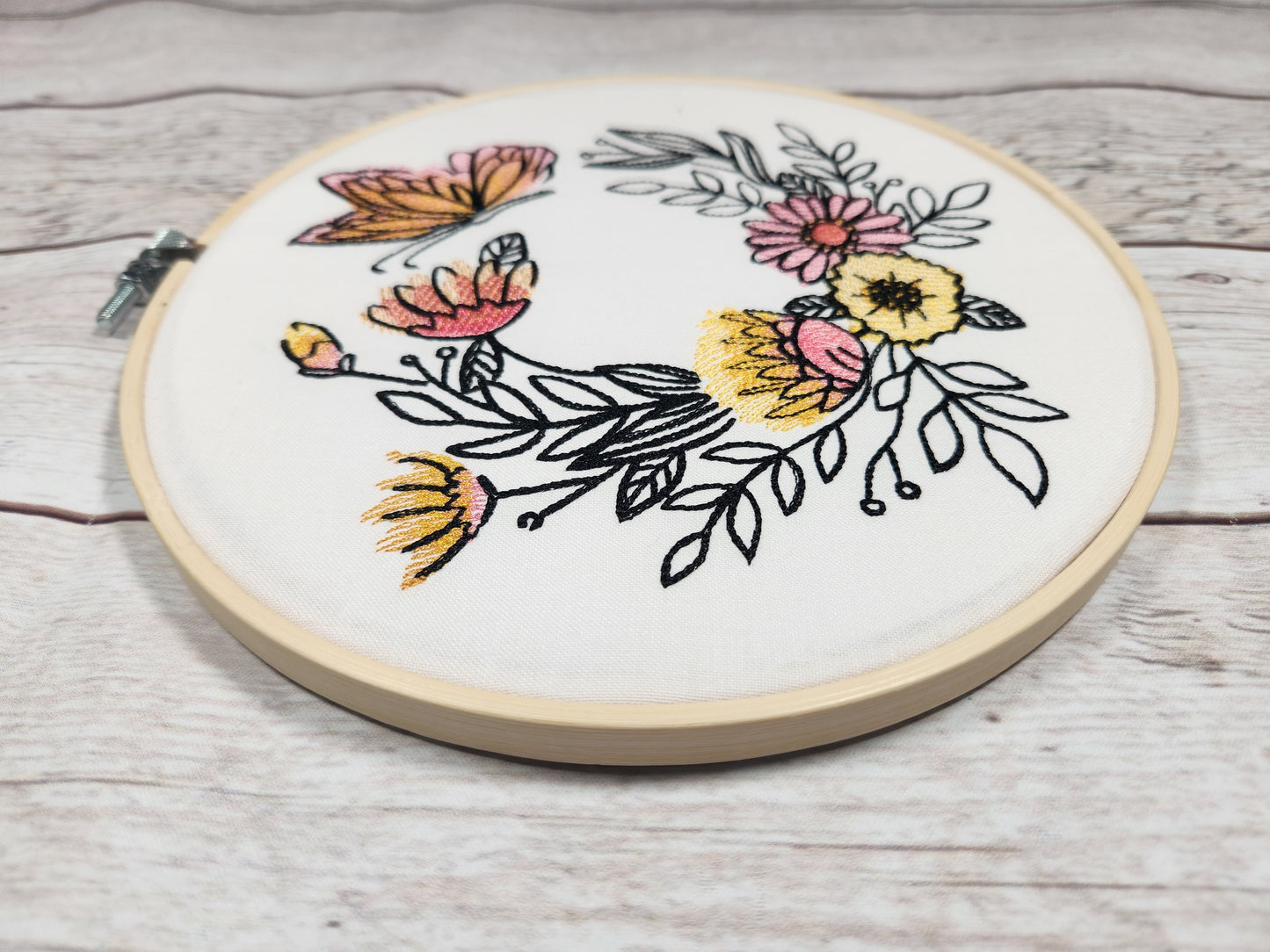 Orange Butterfly and Flowers Hoop Art, 8 inch hoop, Embroidered Wall Decor, Butterfly Embroidery, Finished Embroidery Hoop