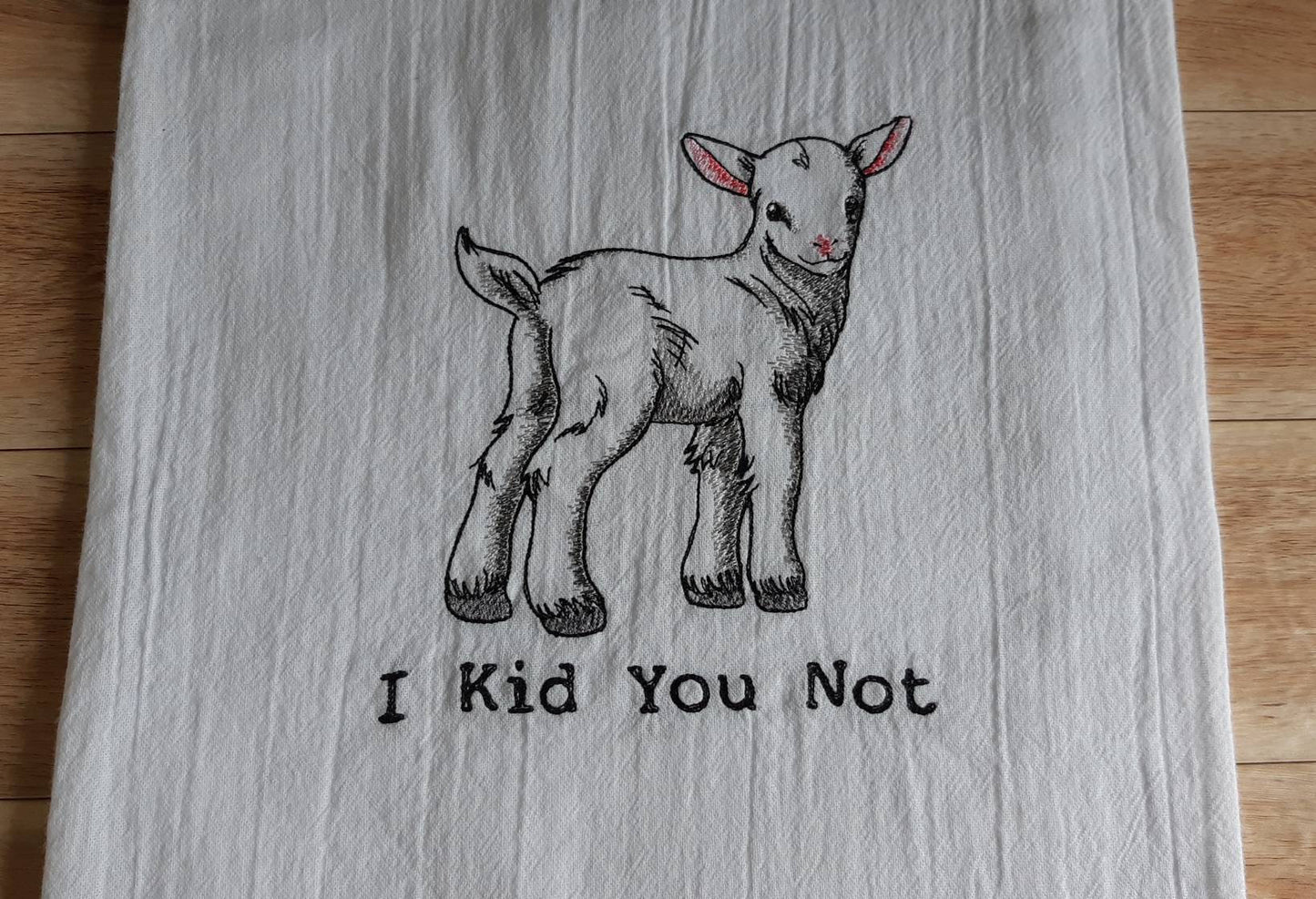 Embroidered Funny Goat Flour Sack Tea Towel