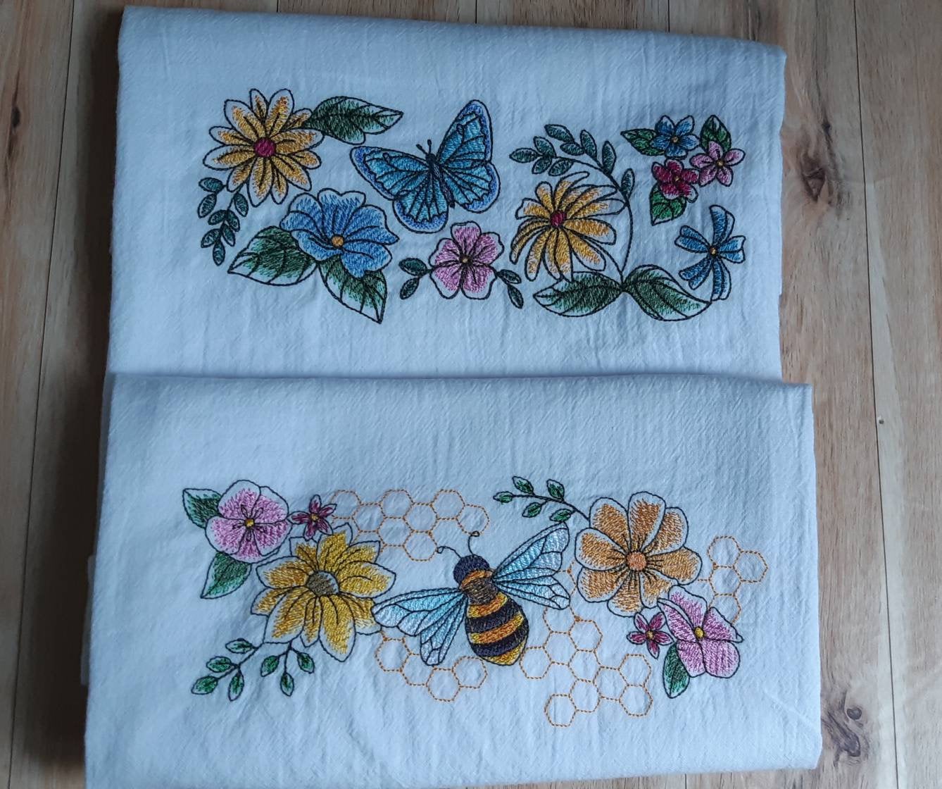 Embroidered Bees and Butterflies Flour Sack Towels Set of 2