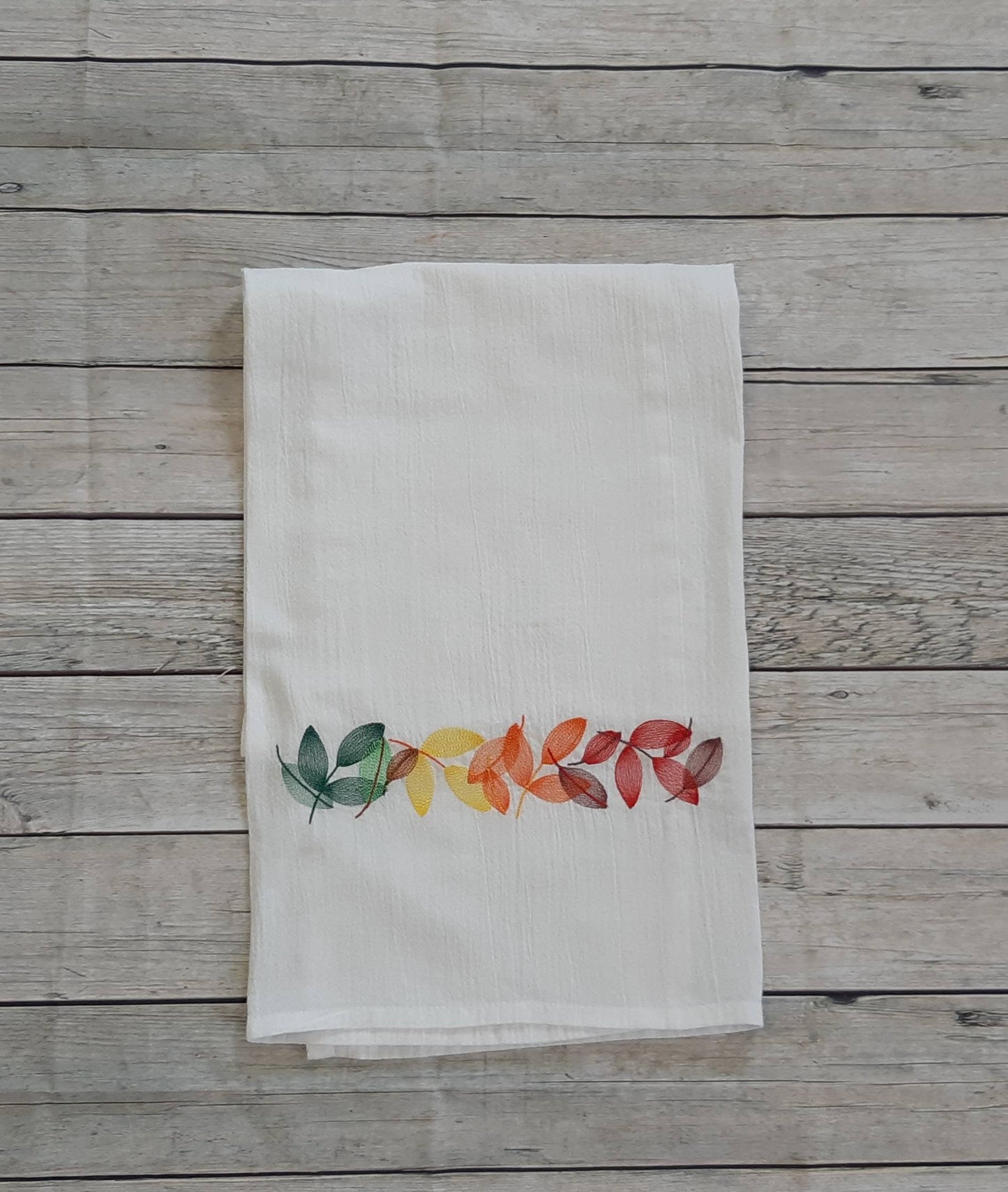 Embroidered Fall Leaves Tea Towel