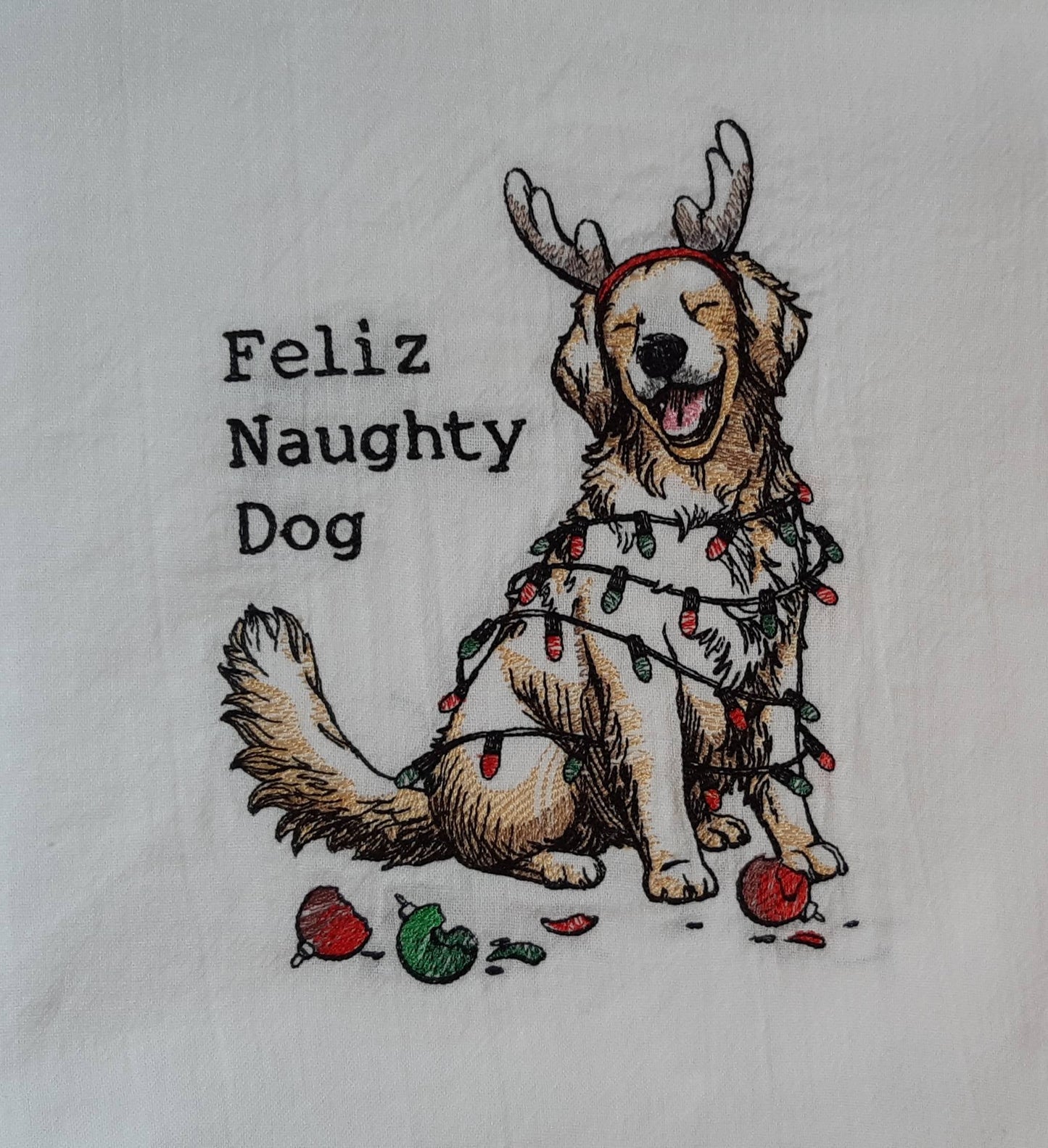 Embroidered Christmas Dog Flour Sack Towel