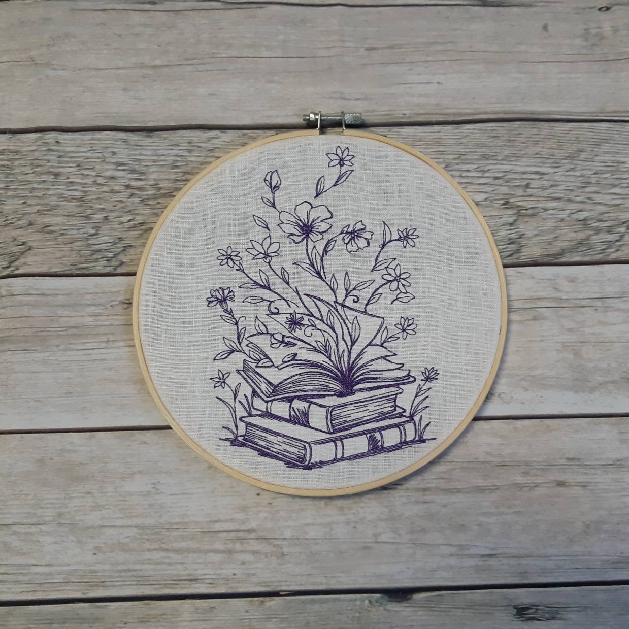 Embroidered Purple Book Hoop Art, 8" hoop