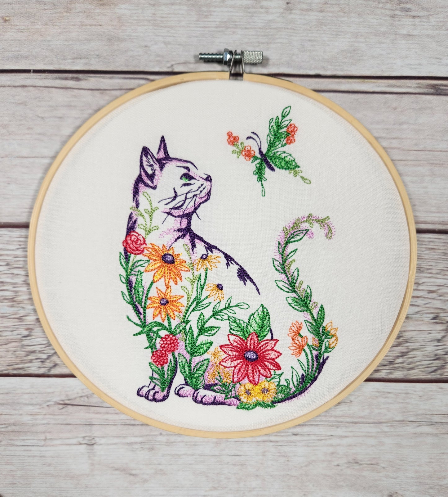 Finished Embroidery, Embroidered Cat hoop art, 8 inch hoop, Cat Wall Art