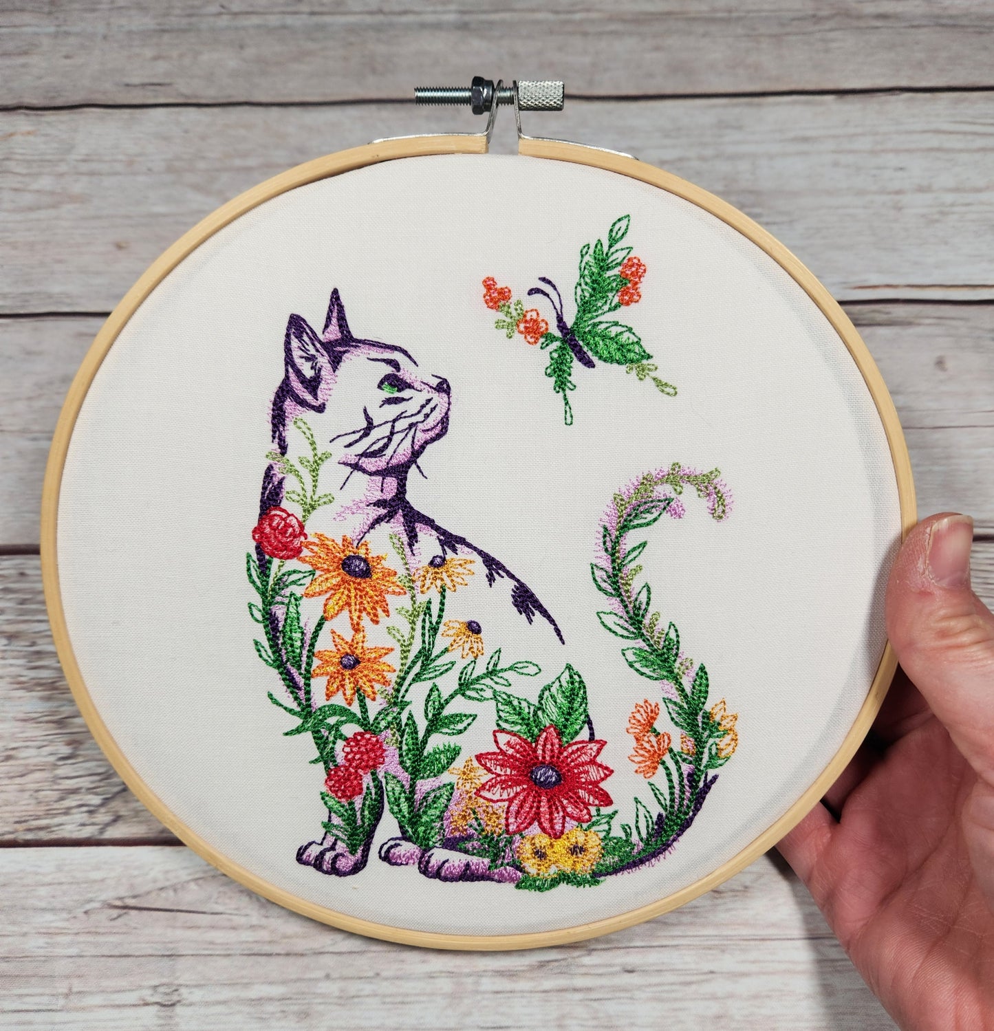 Finished Embroidery, Embroidered Cat hoop art, 8 inch hoop, Cat Wall Art