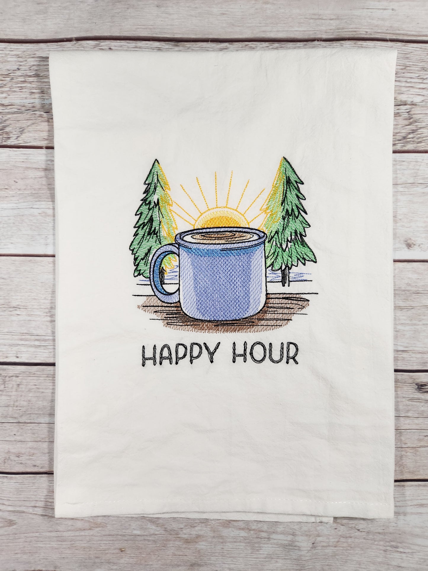 Happy Hour embroidered flour sack tea towel