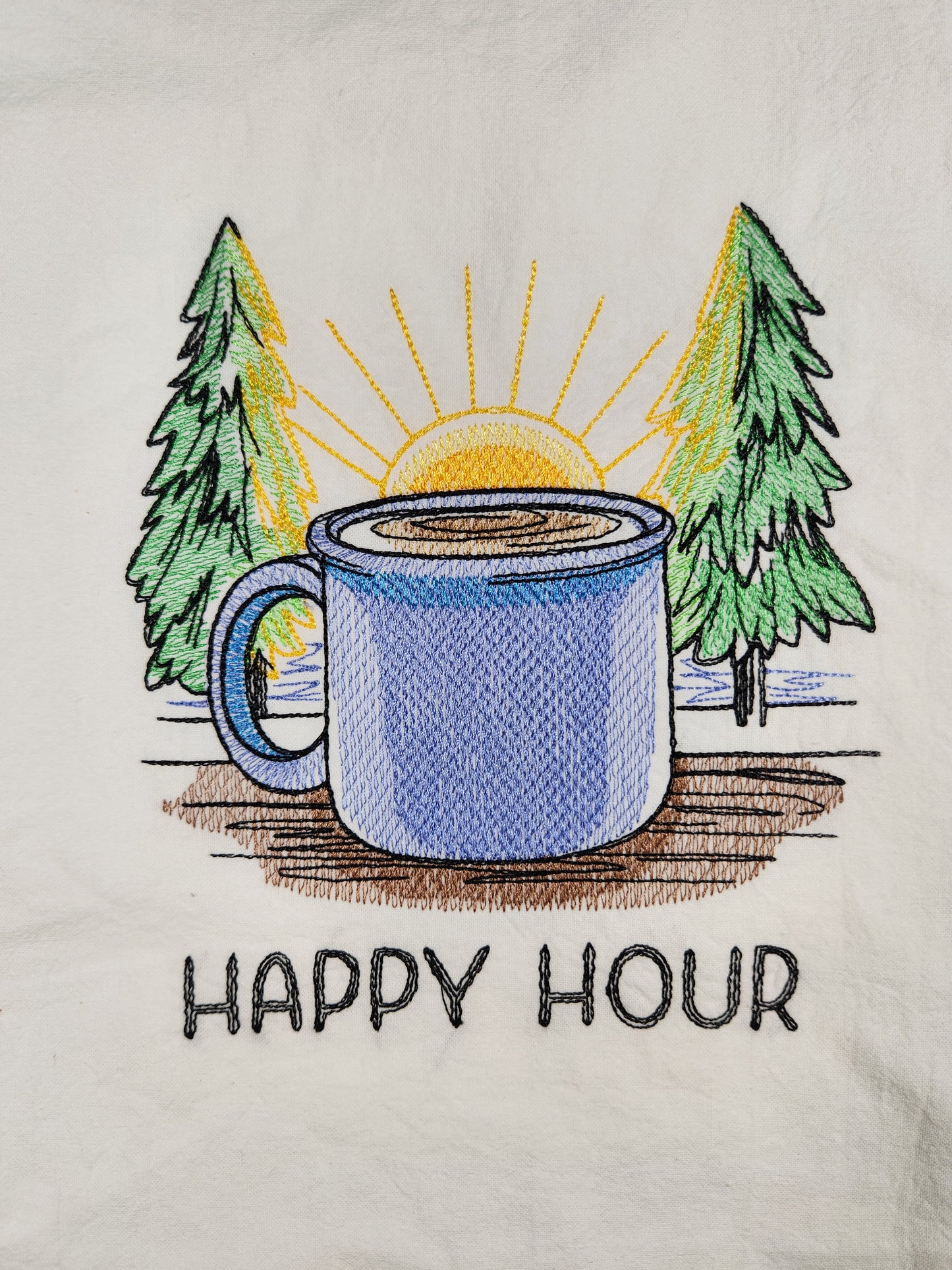 Happy Hour embroidered flour sack tea towel