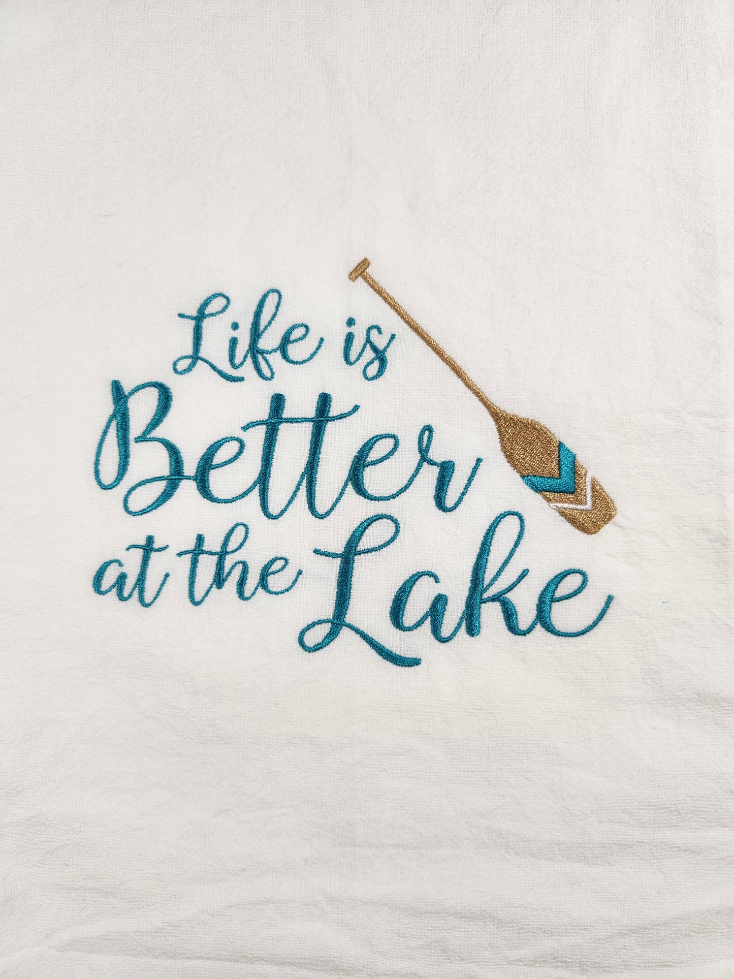 Life is Better at the Lake embroidered flour sack tea towel