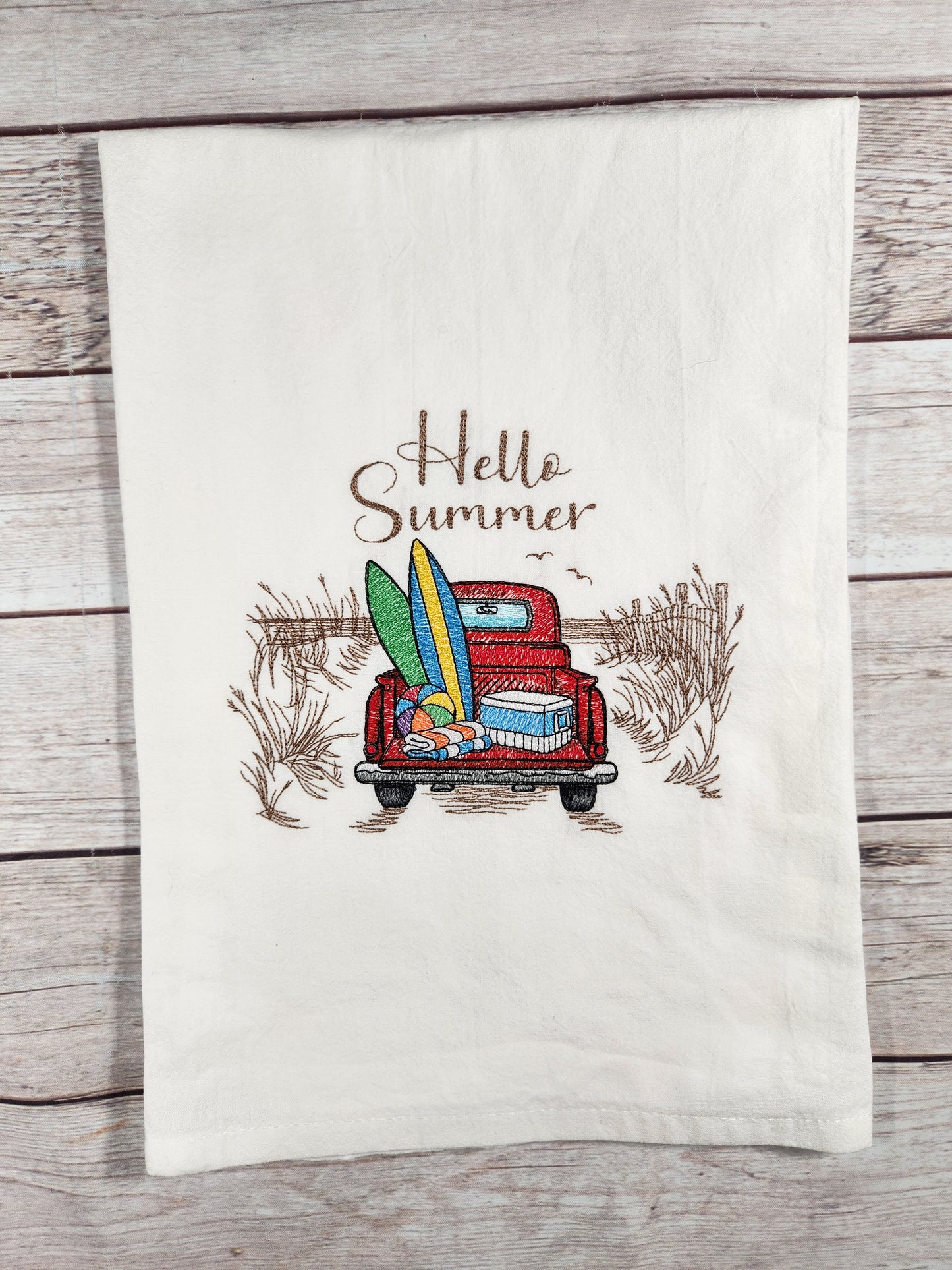 Hello Summer embroidered flour sack tea towel