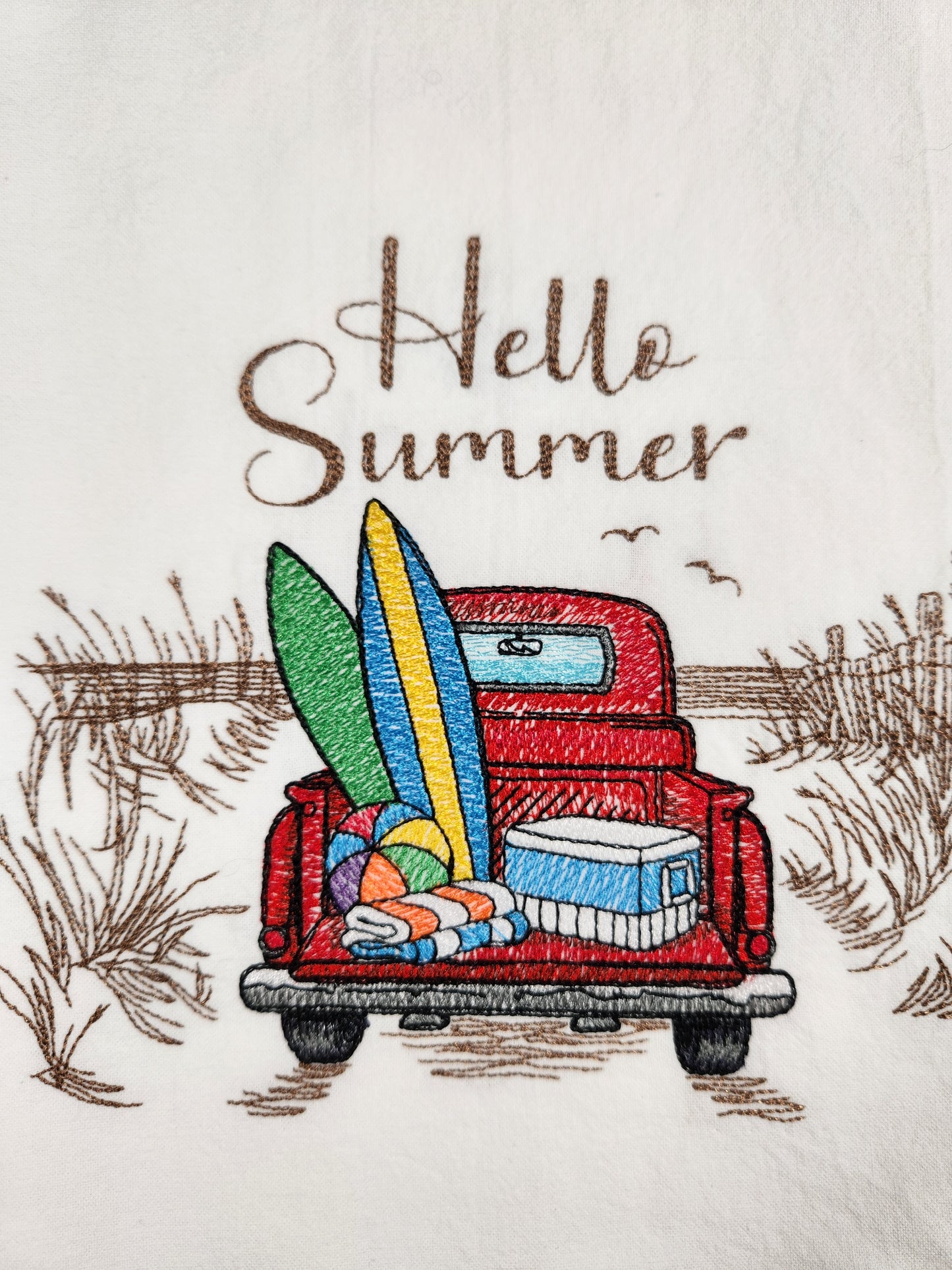 Hello Summer embroidered flour sack tea towel