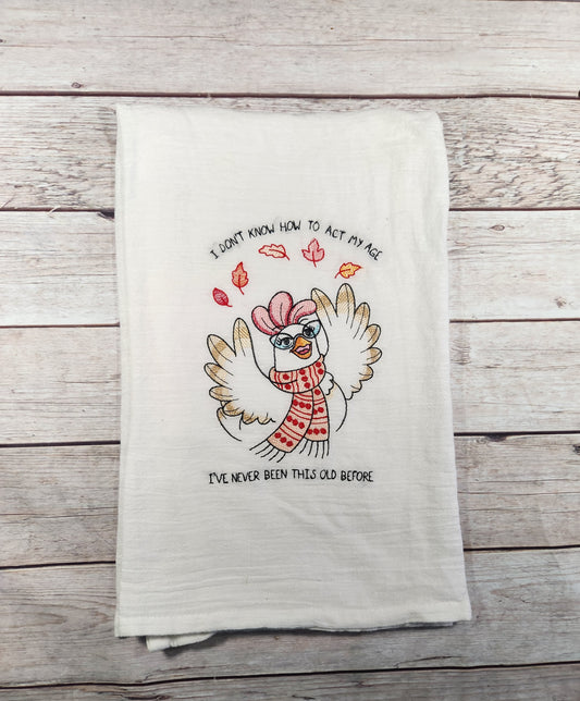 Funny Chicken Flour Sack Towel, Embroidered Towel, Tea Kitchen Towel, Housewarming Gift, Large Tea Towel