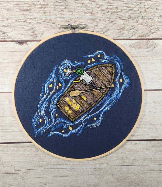 Finished Embroidery, Embroidered Wall Art, Wall Decoration, 8 inch hoop, Fishing Wall Art, Boat Wall Decor