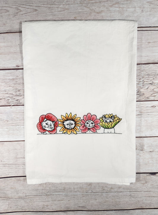 Cat Embroidered Flour Sack Tea Towel, Cat Kitchen Decor, Cat Flour Sack Towel, Flower Dish Towel, Decorative Tea Towel