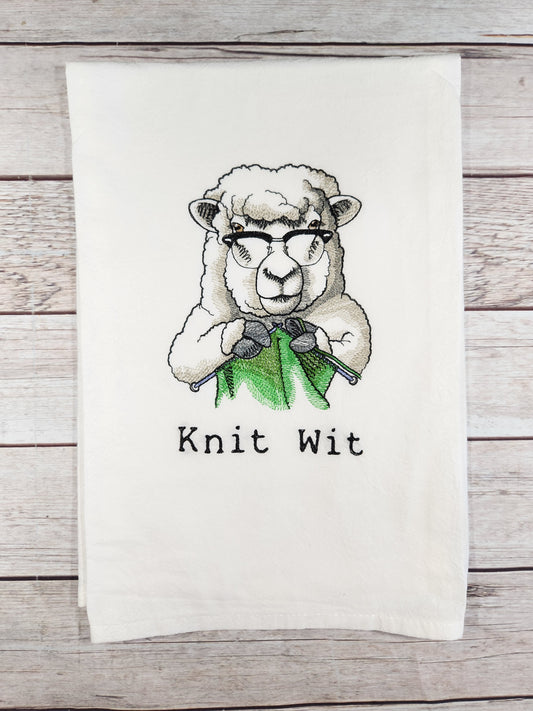 Knit Wit Flour Sack Towel, Funny Tea Towel, Embroidered Towel, Gift for Knitter, Housewarming Gift, Funny Sheep Kitchen Towel