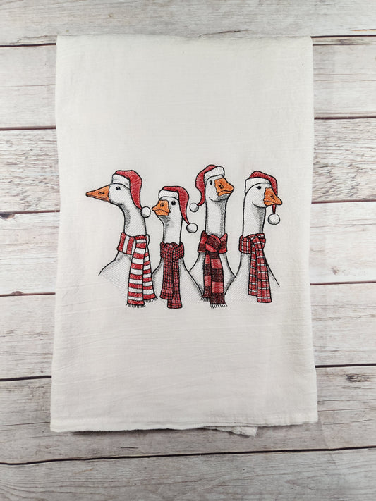 Christmas Towel, Christmas Tea Towel, Embroidered Dish Towel, Flour Sack Tea Towel, Kitchen Tea Towel, Bird Lover Gift, Goose Decor