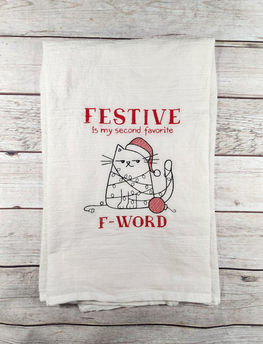 Christmas Cat Towel, Christmas Tea Towel, Embroidered  Dish Towel, Flour Sack Tea Towel,  Kitchen Tea Towel, Cat Lover Gift, Cat Decor