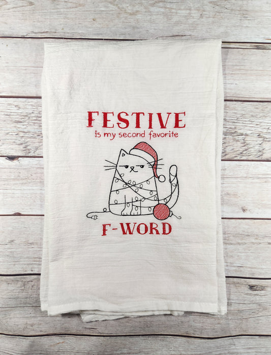 Christmas Cat Towel, Christmas Tea Towel, Embroidered Dish Towel, Flour Sack Tea Towel, Kitchen Tea Towel, Cat Lover Gift, Cat Decor