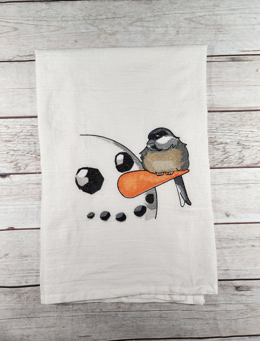 Snowman Towel, Christmas Tea Towel, Embroidered Dish Towel, Flour Sack Tea Towel, Kitchen Tea Towel, Bird Lover Gift, Winter Decor