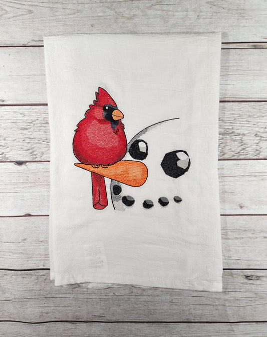 Snowman Towel, Christmas Tea Towel, Embroidered  Dish Towel, Flour Sack Tea Towel,  Kitchen Tea Towel, Bird Lover Gift, Winter Decor