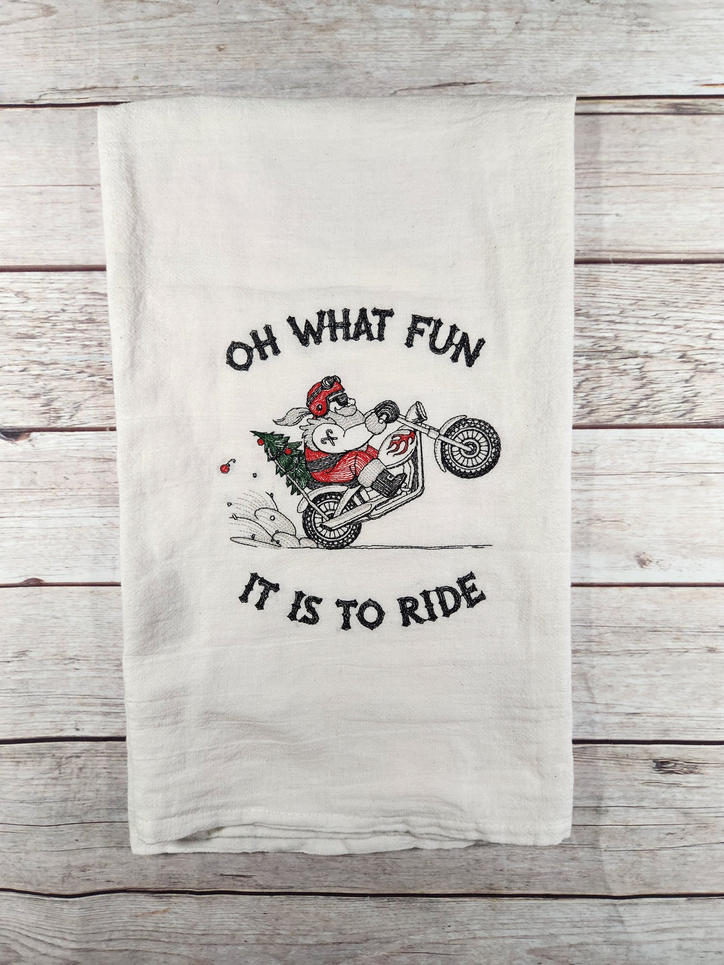 Christmas Tea Towel, Embroidered Dish Towel, Flour Sack Tea Towel, Kitchen Tea Towel, Biker Gift