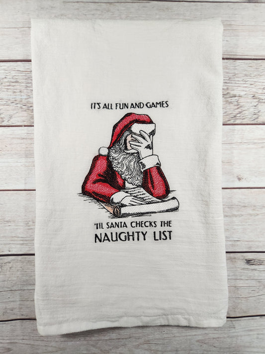 Funny Christmas Towel, Christmas Tea Towel, Embroidered Dish Towel, Santa Flour Sack Tea Towel, Kitchen Tea Towel