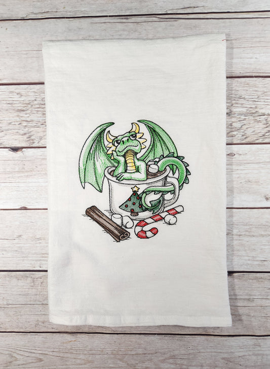 Christmas Dragon Towel, Christmas Tea Towel, Embroidered Dish Towel, Flour Sack Tea Towel, Dragon Lover Gift, Dragon Decor