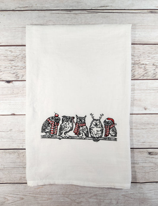 Christmas Owl Towel, Embroidered  Dish Towel, Christmas Tea Towel, Flour Sack Tea Towel, Owl Tea Towel, Owl Decor