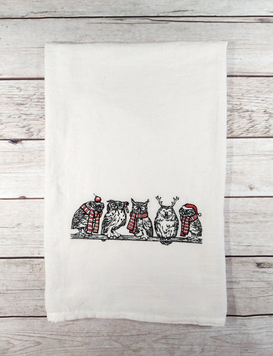 Christmas Owl Towel, Embroidered Dish Towel, Christmas Tea Towel, Flour Sack Tea Towel, Owl Tea Towel, Owl Decor