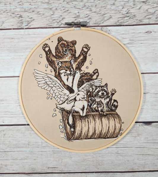 Winter Sledding Animals, Finished Embroidery, 8 inch hoop, Embroidered Wall Art, Animal Decor