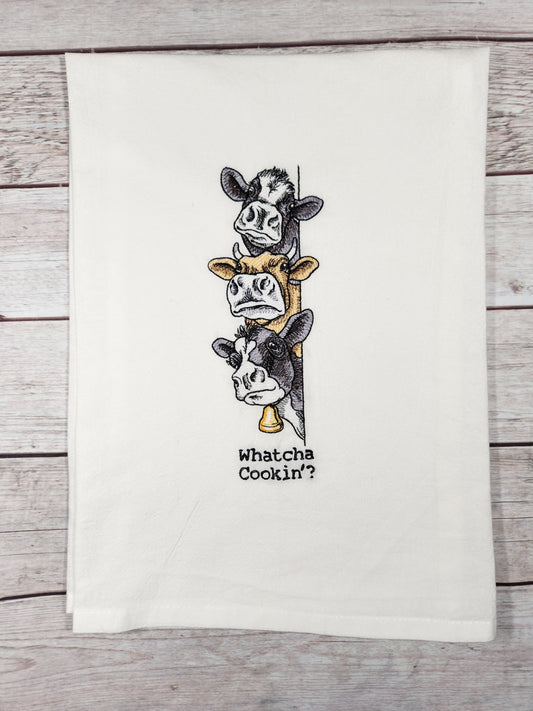 Funny Cow Tea Towel, Embroidered Flour Sack Kitchen Tea Towel, Funny Dish Towel, Cow Decor