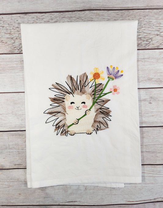 Hedgehog Tea Towel, Embroidered Spring Dish Towel, Flour Sack Towel, Spring Decor