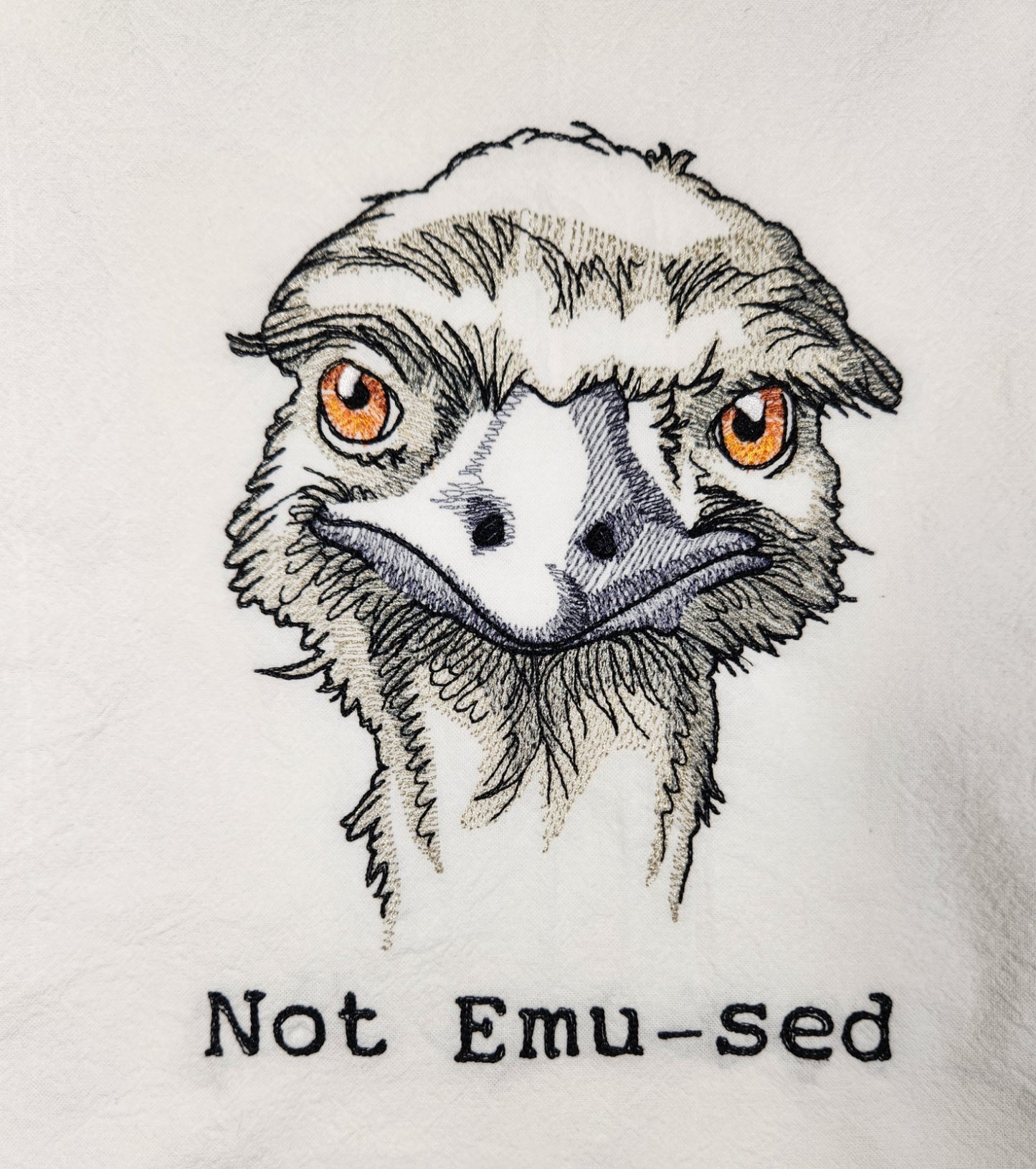 Funny Emu Tea Towel, Flour Sack Towel, Emu Decor, Embroidered Dish Towel