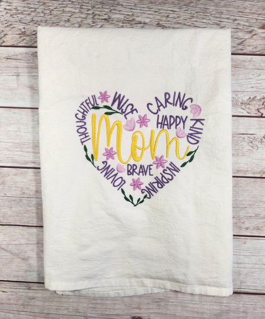 Mom Tea Towel, Flour Sack Towel, Mother's Day Gift, Spring Decor, Embroidered Dish Towel