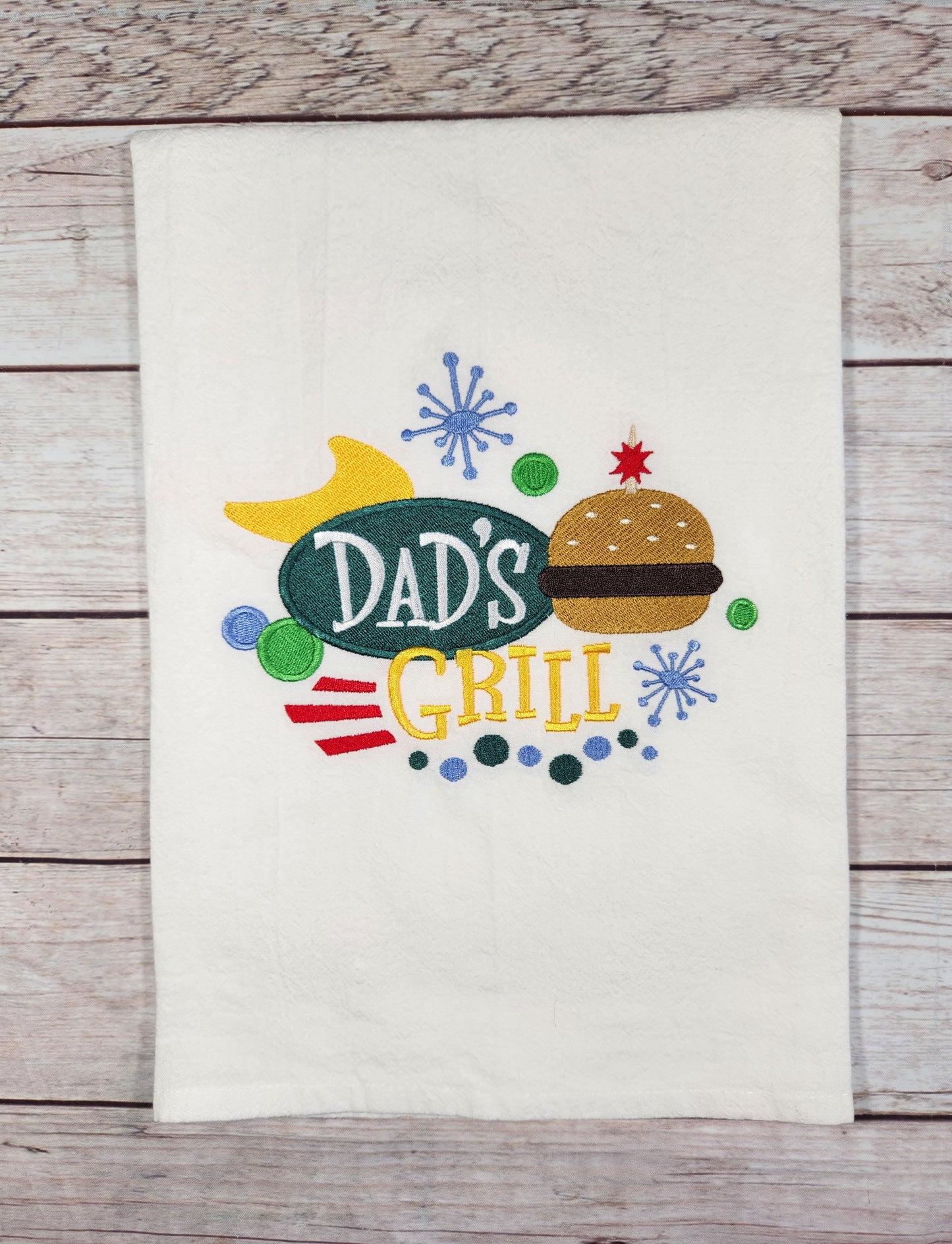 Dad's Grill Tea Towel, Flour Sack Towel, Embroidered Dish Towel