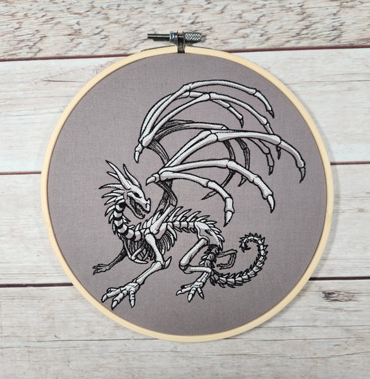 Finished Embroidery, Dragon skeleton,  Halloween Wall Art, 8 inch hoop Embroidery, Halloween Hoop, Fall Decor, Spooky Wall Art